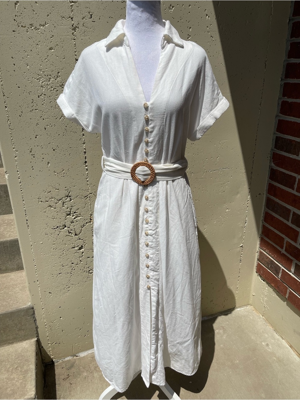 Dress Forum LA White Button-Front Linen Blend Belted Midi Dress Size Small